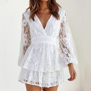 White Lace Overlay Ruffled Short Romper Jumpsuit Size S